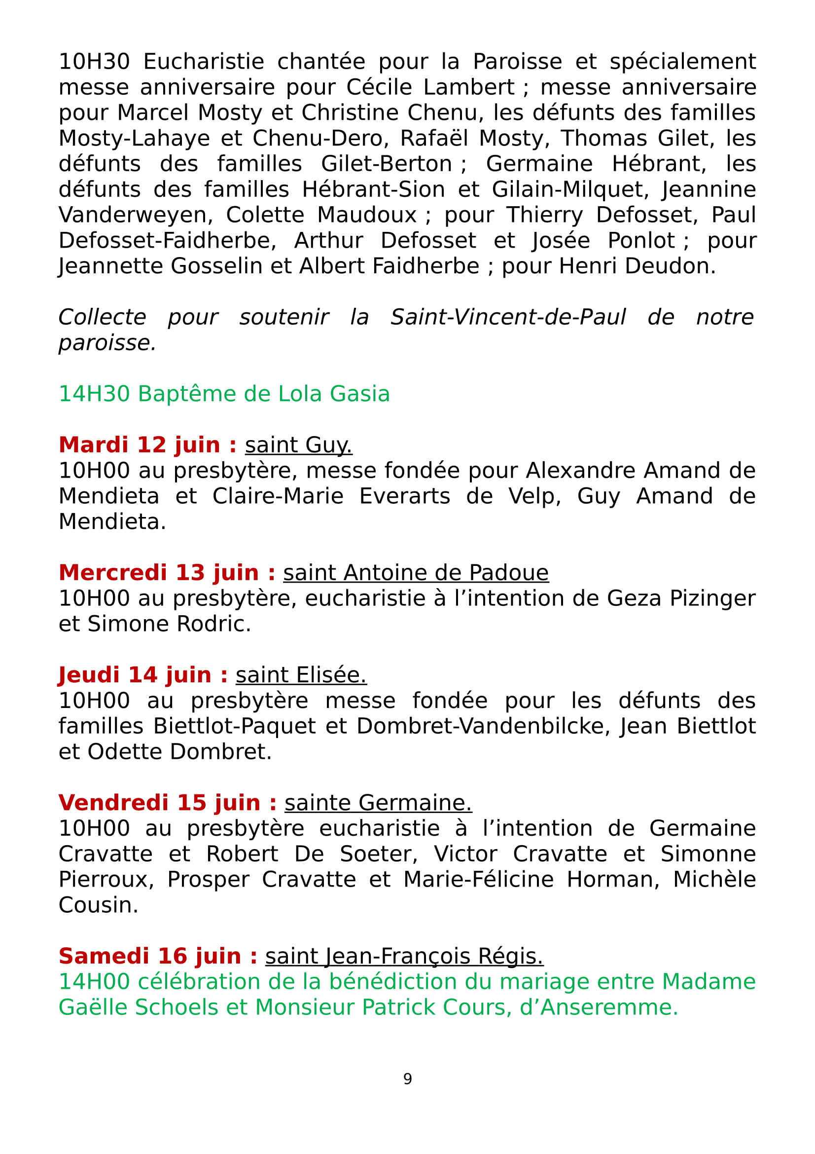 calendrier paroissial  2014